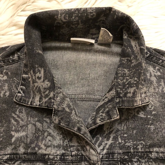 Chico’s Abstract Tribal Grunge Western Patterned Black Gray Denim Jean Jacket 1 - Picture 6 of 11
